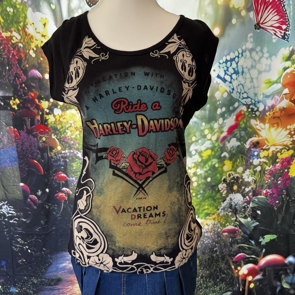 VTG Y2K Harley Tshirt XL Vacation Ed Hardy Style Grunge Biker Tattoo Roses AOP